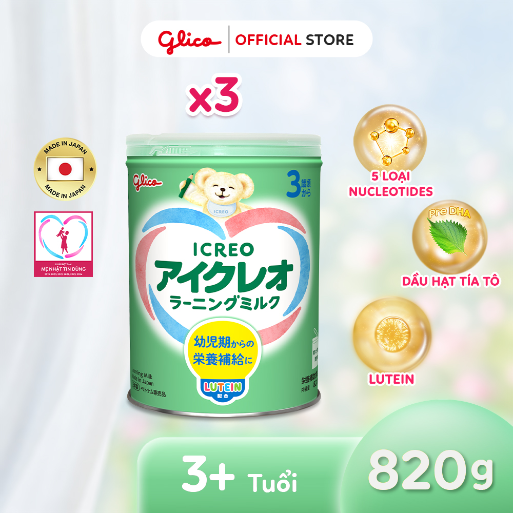 (ICREO SỐ 3) Combo 3 Lon Thực Phẩm Bổ Sung Sữa Dinh Dưỡng GLICO ICREO LEARNING MILK cho bé từ 3 tuổi trở lên (Số 3 - 3Lon x 820g/Lon)