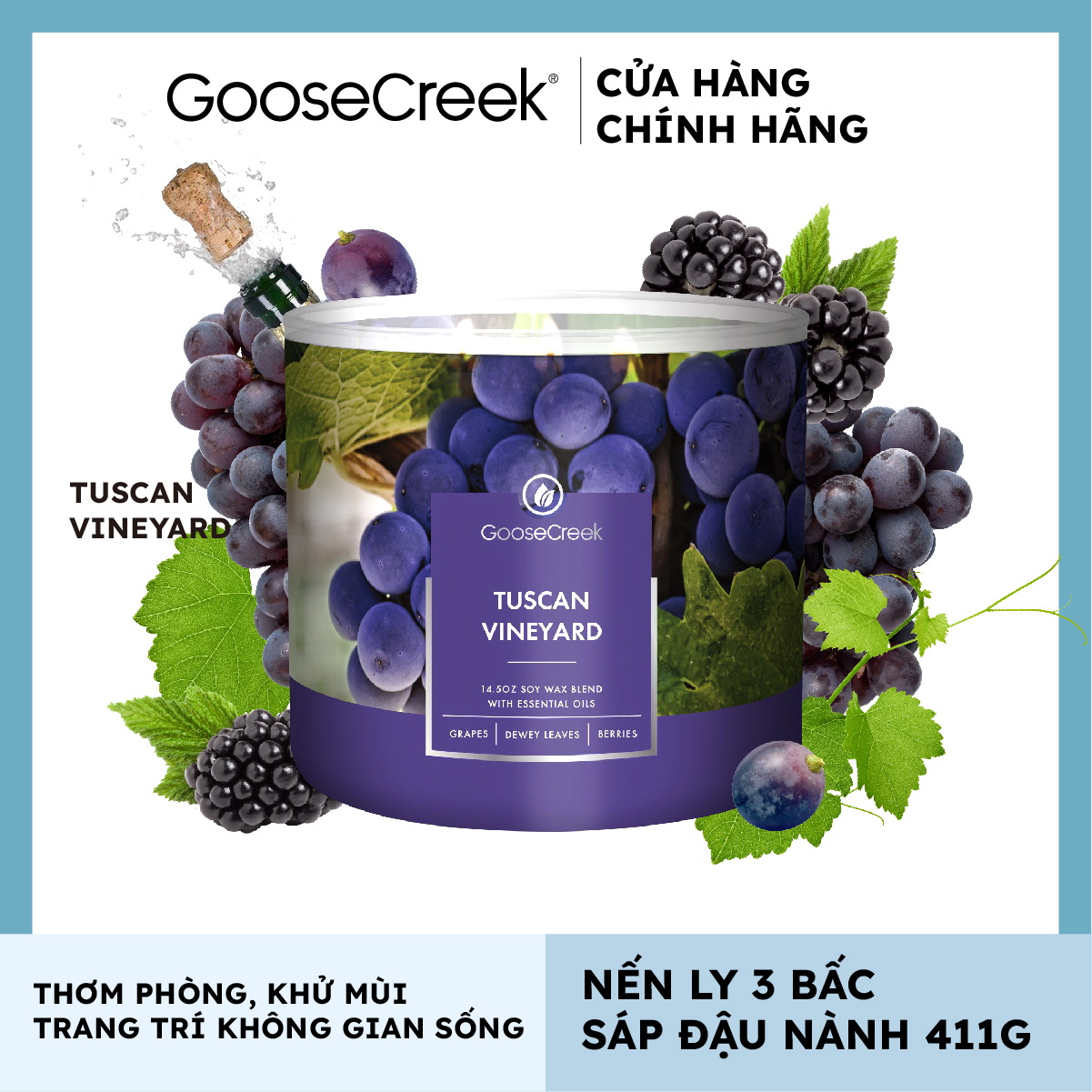 Nến ly 3 bấc sáp đậu nành Goose Creek - Tuscan Vineyard