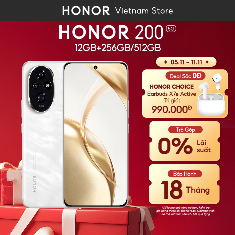 Điện thoại cao cấp Honor 200 5G 12GB + 256/512GB | Bộ 3 AI Camera 50MP | Pin 5200mAh sạc nhanh 100W
