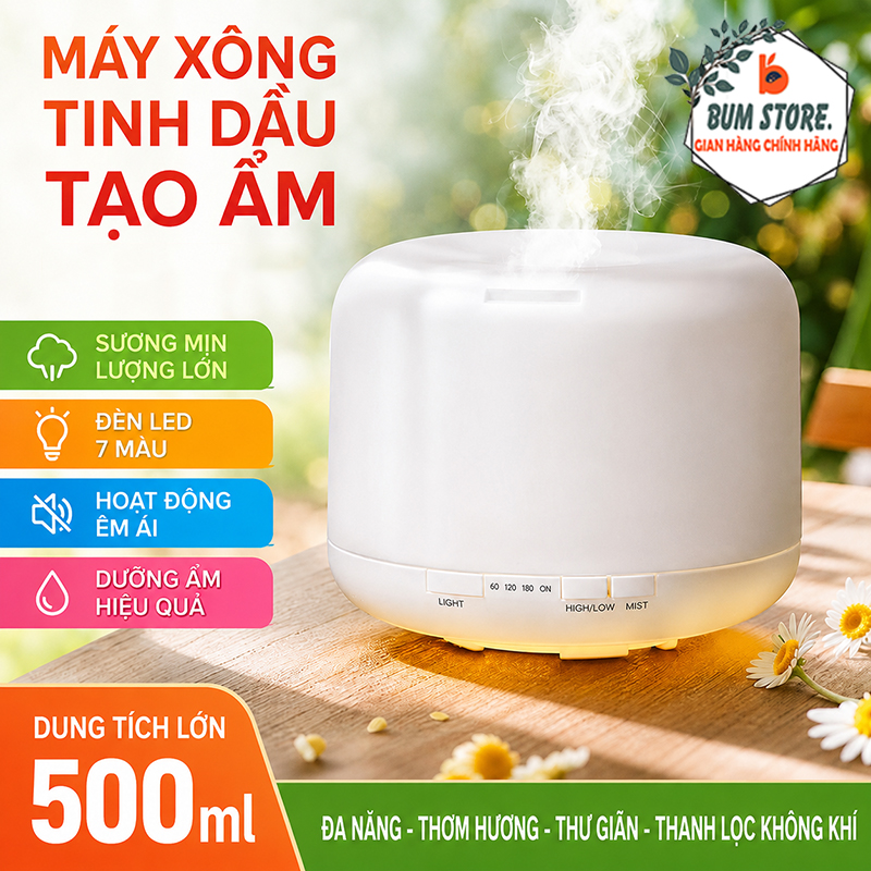 Máy Xông Tinh Dầu Tạo Ẩm 500ml Có Remote, Máy Phun Sương Siêu Âm Đèn LED 7 Màu Hẹn Giờ Êm Ái