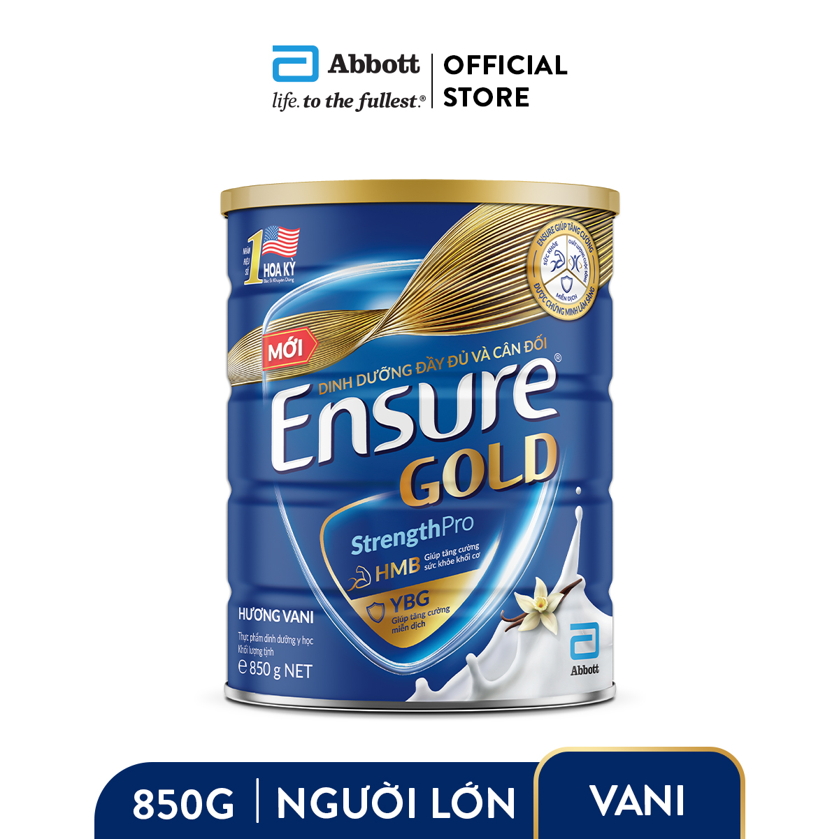 Lon sữa Ensure Gold Vani 850g (Beta Glucan) (Bao bì thay đổi theo đợt nhập hàng)