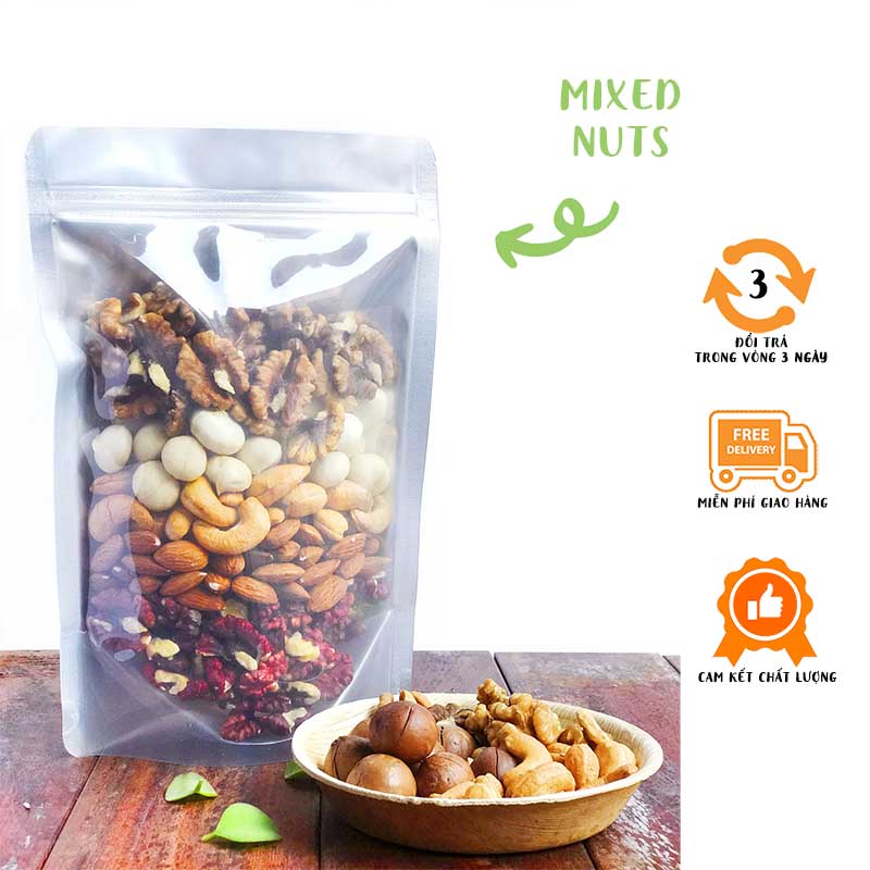Mix nuts 5 loại hạt (macca nhân, óc chó đỏ, óc chó vàng, hạt điều tách vỏ, hạt bí xanh)