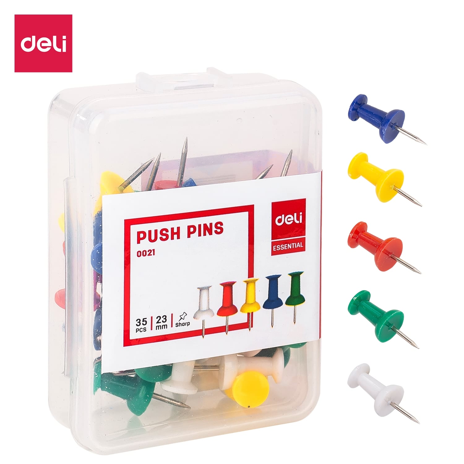 Ghim màu cắm bảng Deli, Đỏ, vàng, xanh, xanh lá, trắng - 35 cái/hộp, 2 hộp E0021