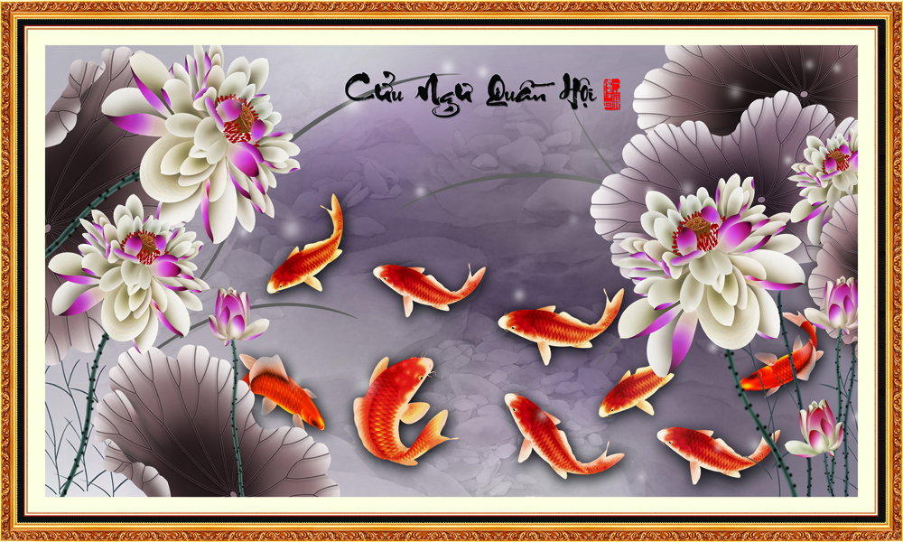 Tranh dán tường phong thủy Cửu ngư quần hội VTC LunaTM-0007 phủ kim sa