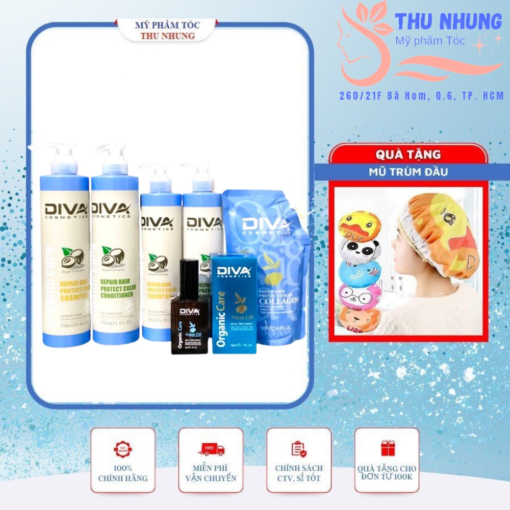 Bộ dầu Gội/ Xả, Hấp, Tinh dầu dưỡng tóc Diva Organic Argan Oil phục hồi giữ màu nhuộm
