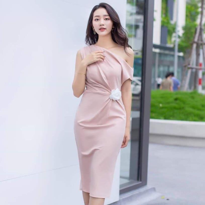 [Mẫu Mới]Đầm Lệch Vai Kết Bông Quyến Rũ Vải Thun Co Dãn SUNI