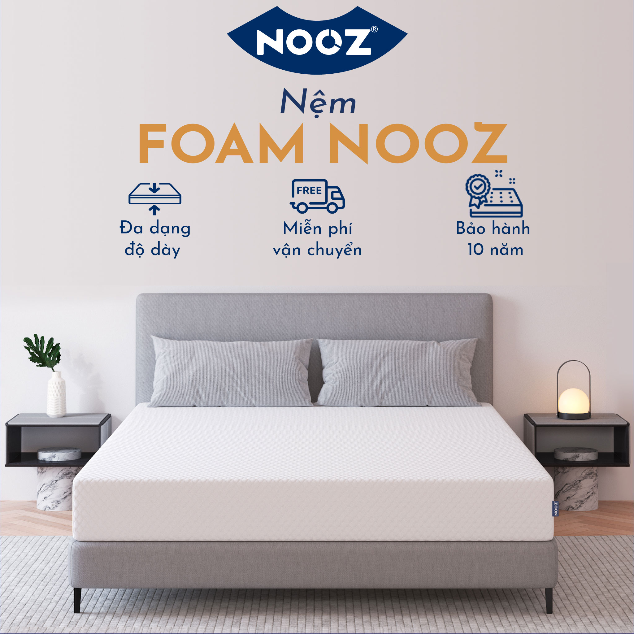 [TRẢ GÓP 0%] Nệm Foam NOOZ Home Goods  Tiêu Chuẩn CertiPUR-US Với Hai Tầng Foam Nâng Đỡ Ruột Đệm Cao Su Non Vỏ Nệm Tence