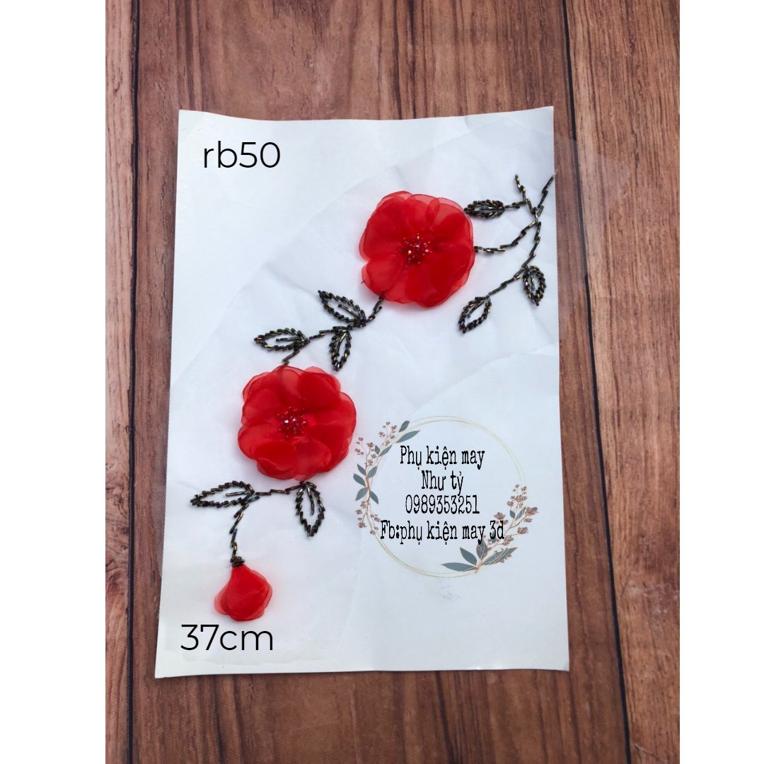 Nhánh ren thêu 2 hoa kết hạt đá hoa cao cấp 37cm