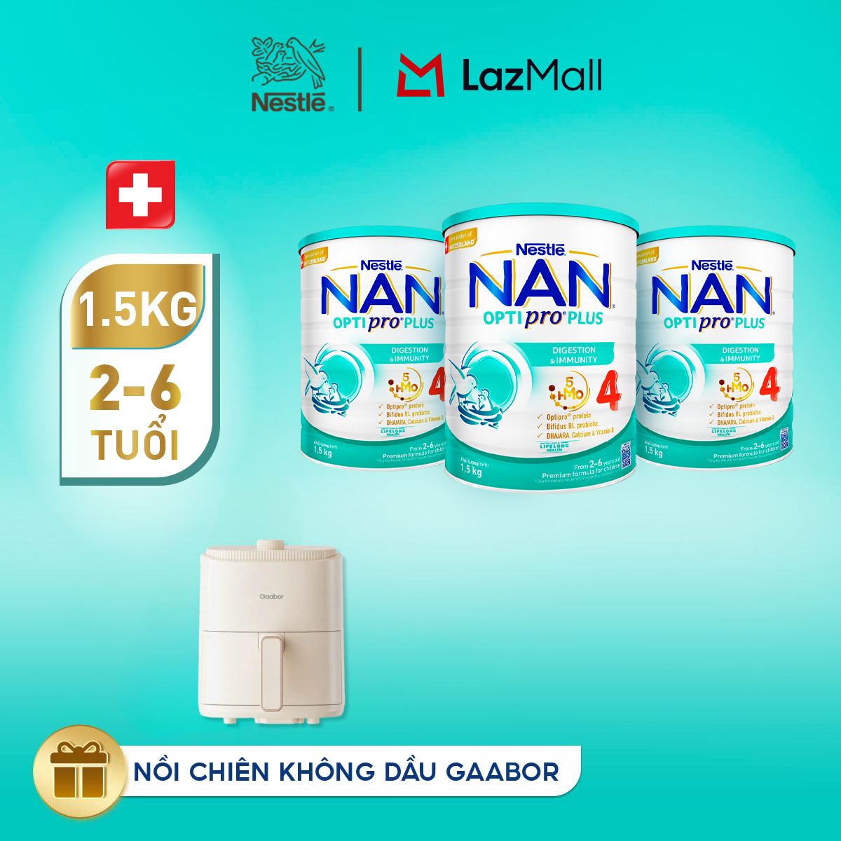 [Tặng Nồi chiên không dầu Gaabor] Bộ 3 lon Sữa bột Nestlé NAN OPTIPRO PLUS 4 1500g/lon với 5HMO Giúp tiêu hóa tốt