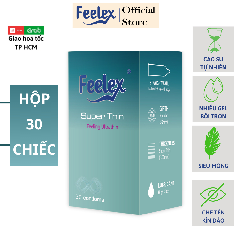 Bao cao su gia đình Feelex Superthin hộp lớn nhiều gel bôi trơn hương dâu - Hộp 30bcs