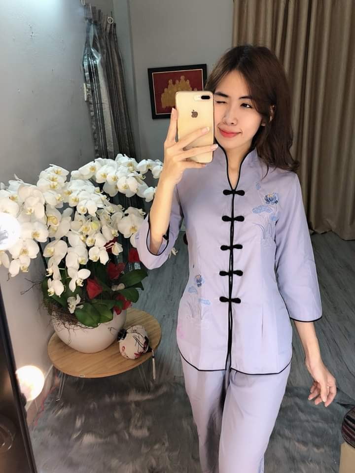 Bộ đồ lam đi chùa # mẫu sẩm tàu thêu hoa sen dành cho nữ