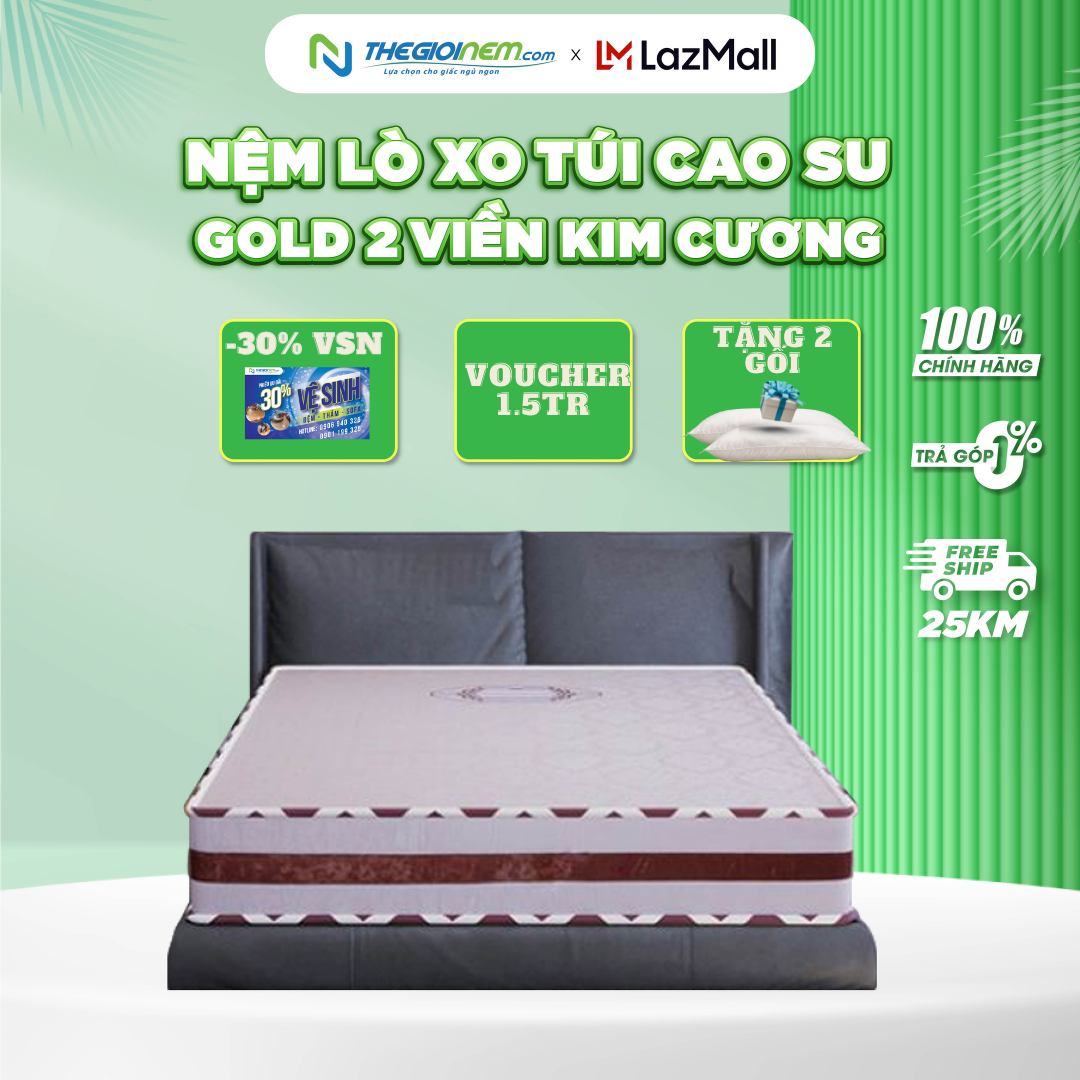 [Trả góp 0%] Nệm Lò Xo Túi Cao Su Gold Kim Cương 2 Viền.