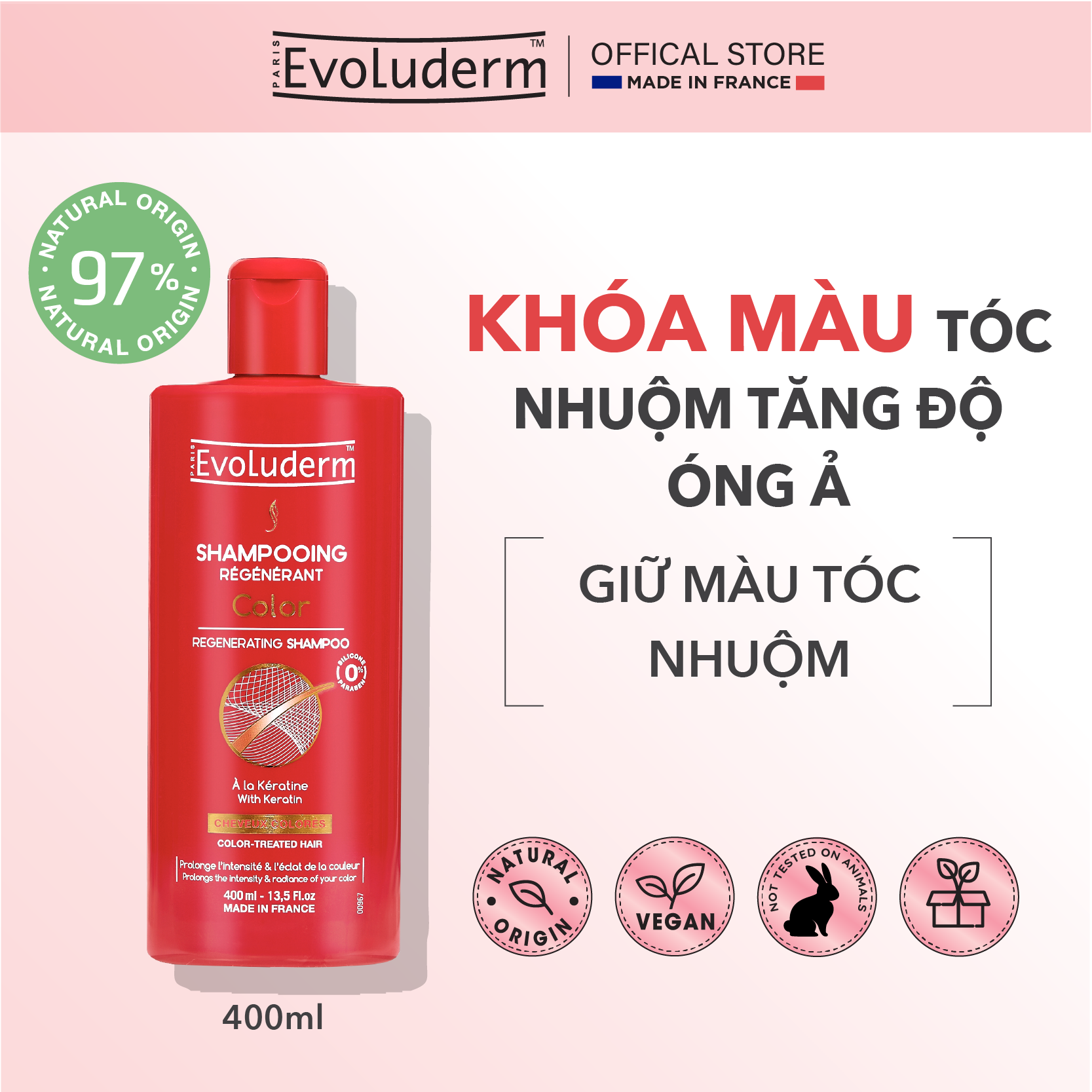 Dầu gội dành cho tóc uốn nhuộm Evoluderm chiết xuất Keratin Shampoing Régénérant Color 400ml