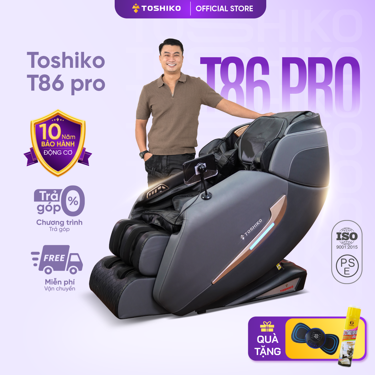 Ghế massage toàn thân Toshiko T86 pro, Con lăn 4D massage di chuyển dọc cơ thể, tổ hợp 25 bài massage,  đấm, vỗ, miết ray, massage từng vùng riêng biệt theo nhu cầu, điều khiển giọng nói công nghệ Nhật bản