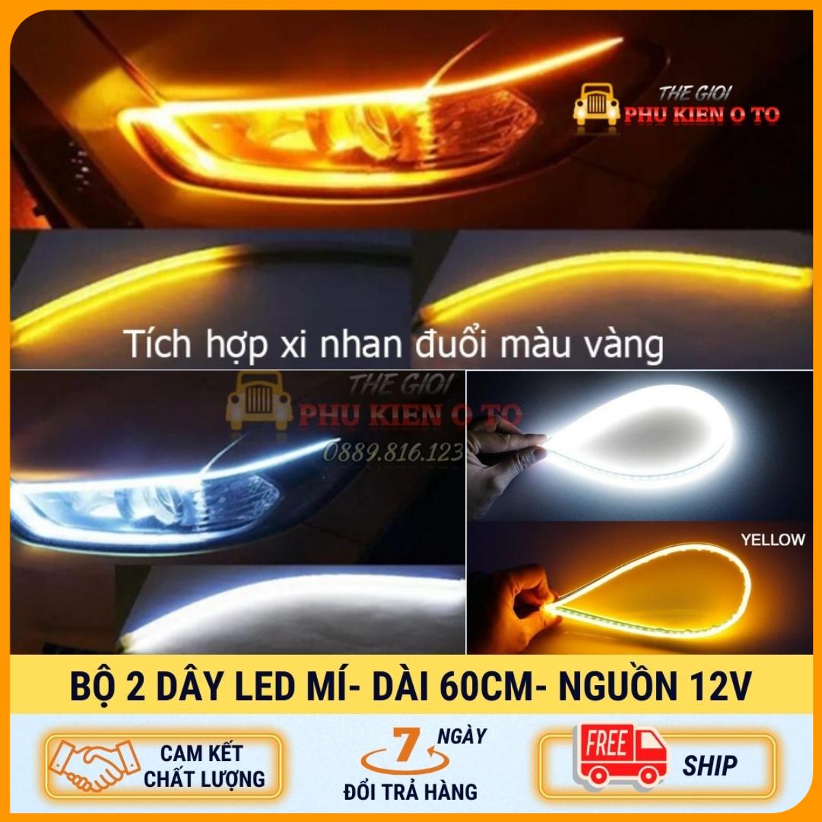Bộ 2 Led Dây Đèn Mí Ô Tô Tích Hợp Xi Nhan Đuổi 60cm Silicon Chống Nước