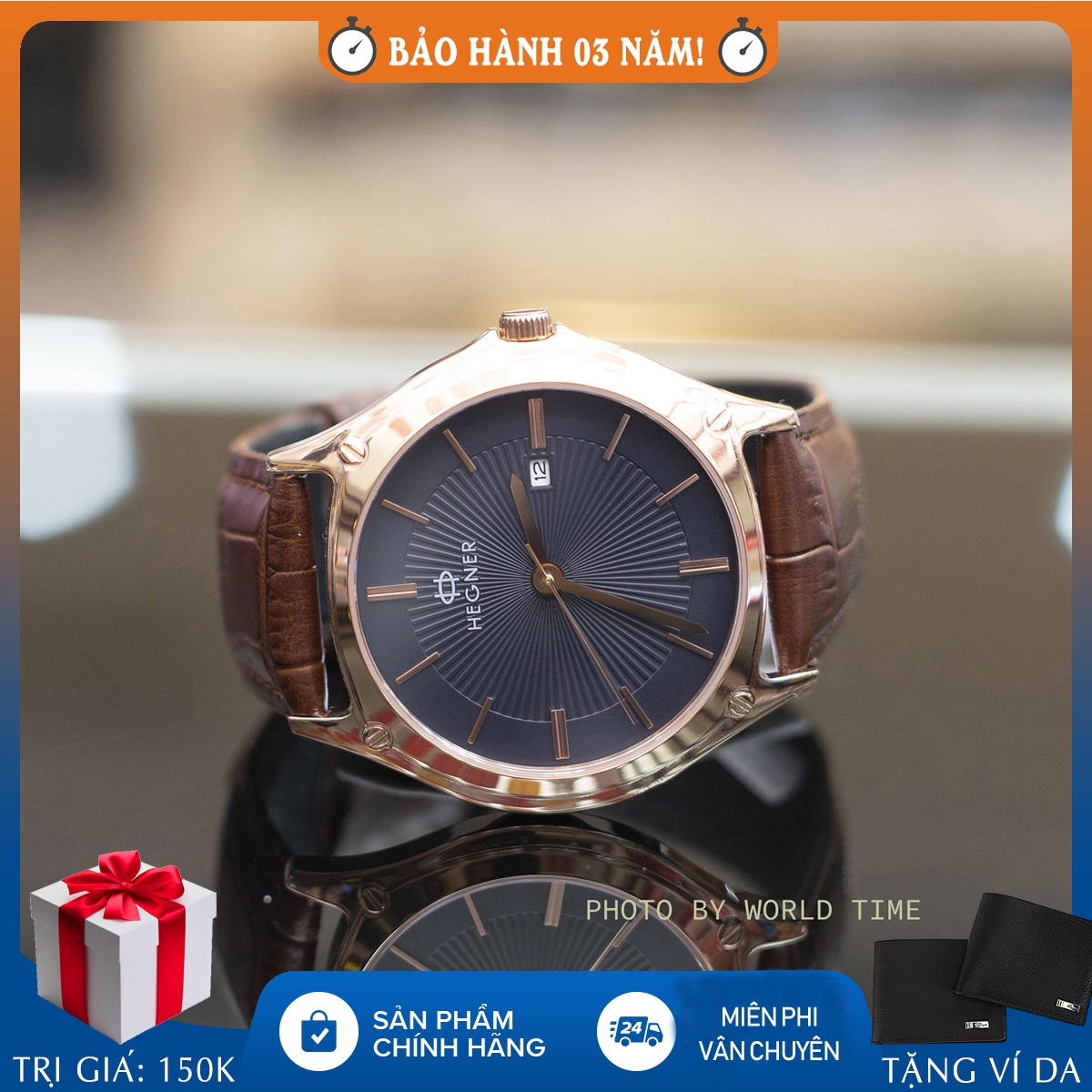 Đồng hồ nam dây da Hegner HW-5048MRBK full hộp, thẻ bảo hành hãng, kính sapphire chống xước, chống nước