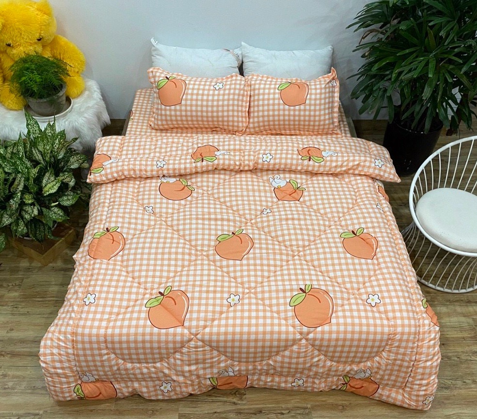 Bộ Chăn Ga Gối Phao Cotton VNXK 5 Món - Quả Đào Cam