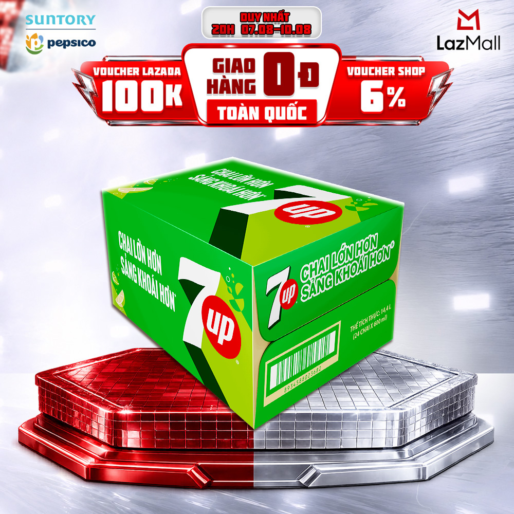[SALE 8.8] Thùng 24 Chai Nước Ngọt Giải Khát Có Gaz 7Up (600ml/chai)