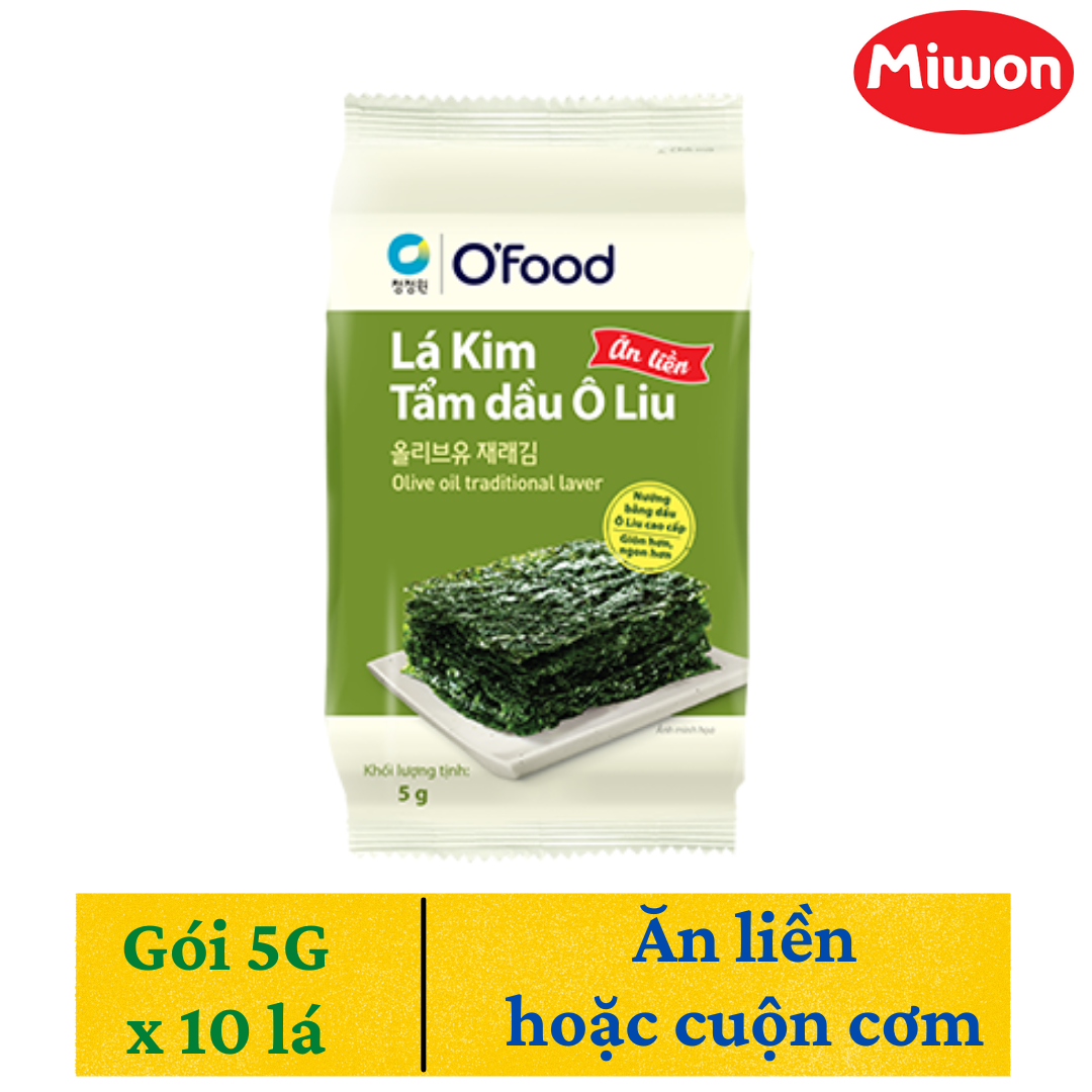 Rong biển, lá kim tẩm dầu Oliu O'Food gói 5g x 10 lá, được nướng giòn với dầu oliu, ăn liền tiện lợi