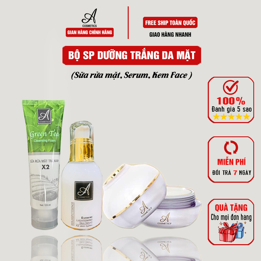 Bộ 3 sản phẩm dưỡng trắng da mặt: Sữa Rửa Mặt Trà Xanh 120ml + Kem Face Pháp 50g + Serum 50ml