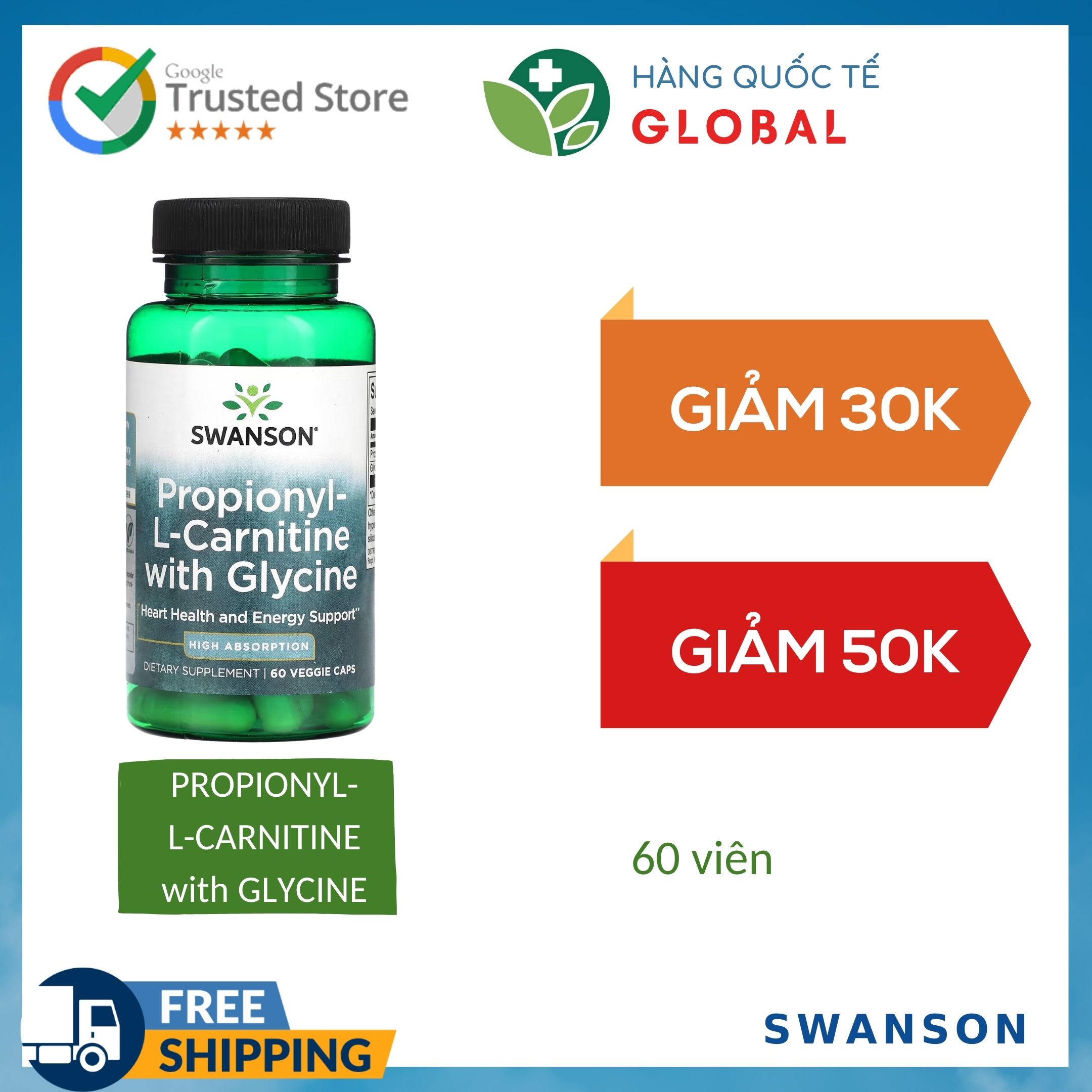 Hàng Quốc Tế] SWANSON PROPIONYL- L-CARNITINE with GLYCINE, 60 viên, Hỗ trợ sức khỏe tim mạch và cung cấp năng lượng