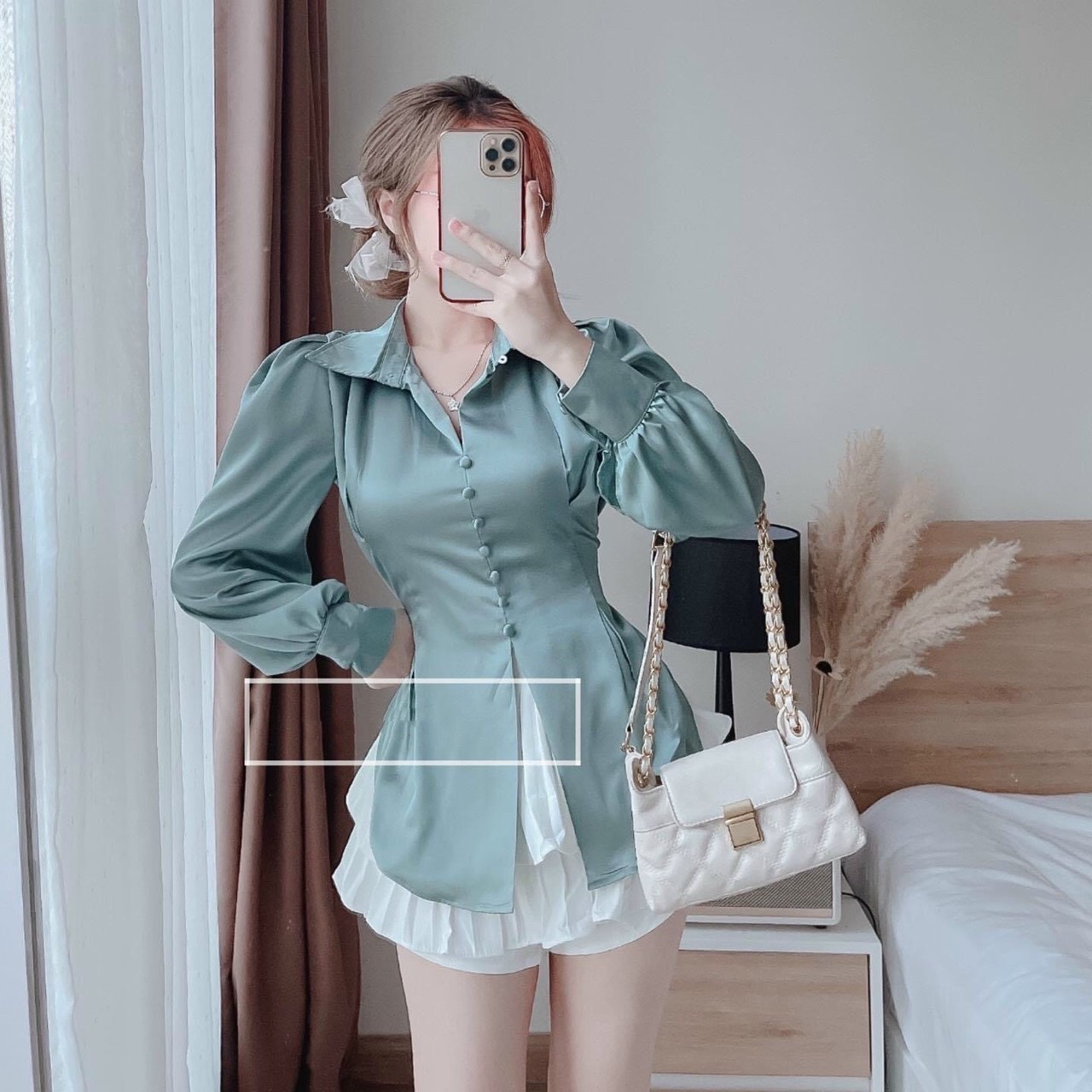 áo kiểu tay dài cổ bẻ thắt nơ lưng phối nút bọc chất lụa satin mềm mịn lên form đẹp xuất sắc nha khách yêu m546
