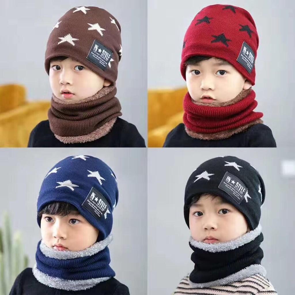 Mũ Ngôi Sao Kèm Ống Cổ Cho Bé, Mũ len kèm khăn ống quàng cổ , mũ len kèm khăn hình ngôi sao cho bé trai bé gái từ 2 tuổi đến 8 tuổi