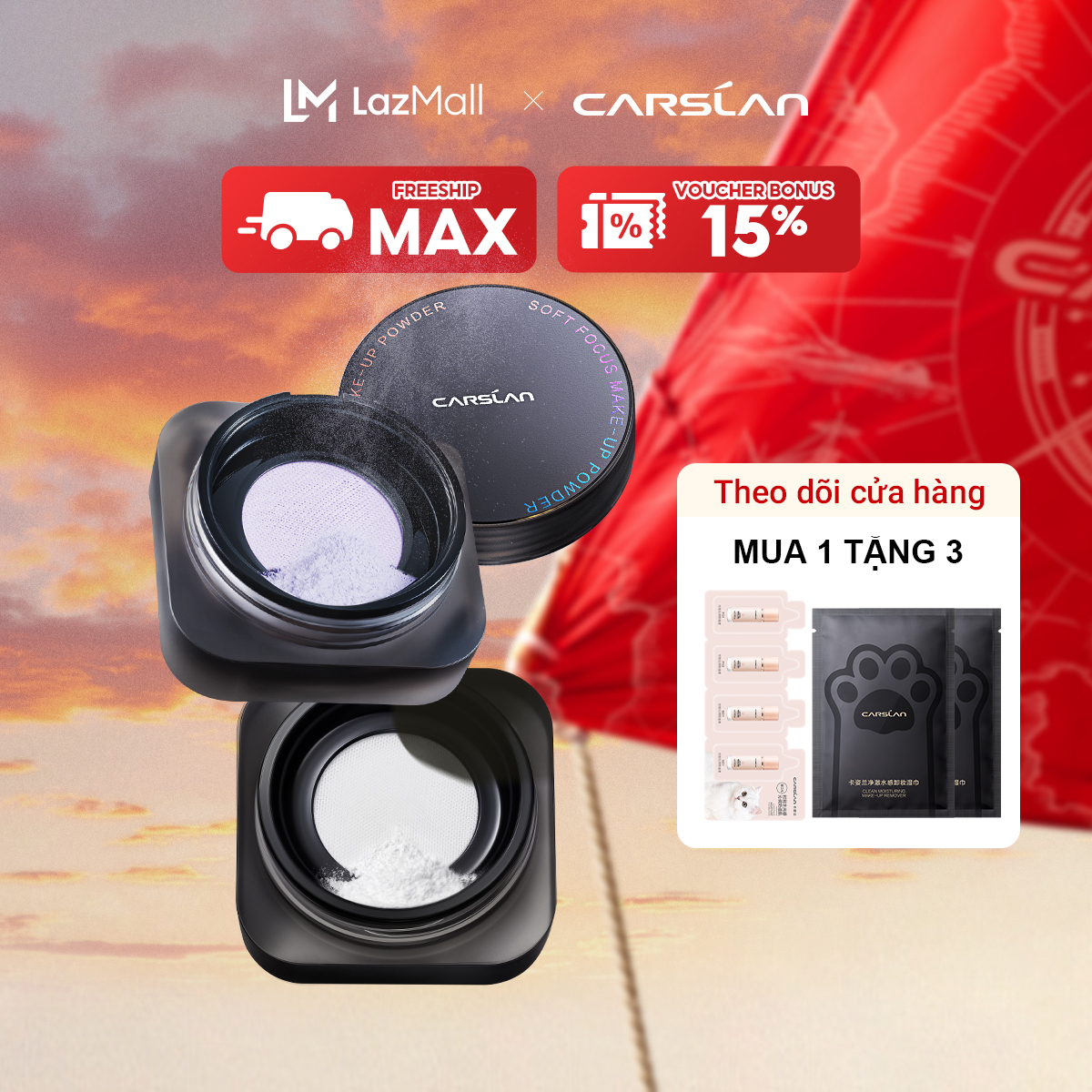 【Phiên bản da nhạy cảm Phấn phủ CARSLAN chống thấm nước kiểm soát dầu lên đến 24H không dầu trọng lượng nhẹ lâu trôi 3 màu 8g