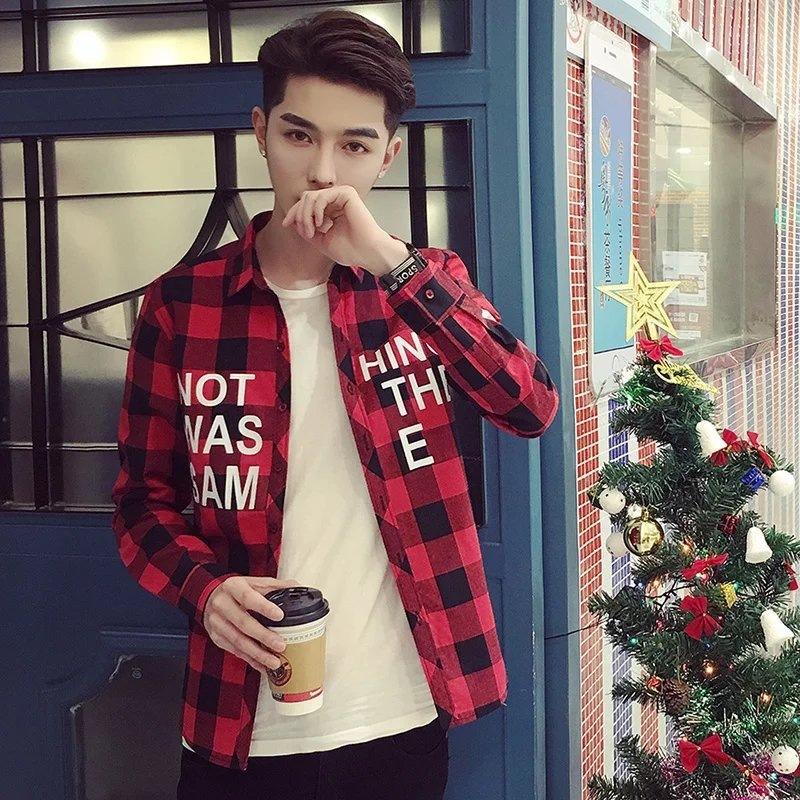 Checkered Shirt, Long-Sleeved, Floral Print, Slim Fit, Fashionable, Korean Style, Suitable for Summer9