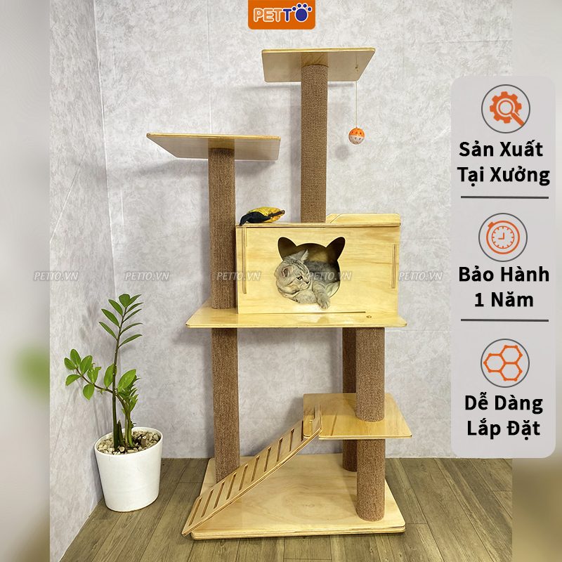 Nhà cây cho mèo 2 tầng bằng gỗ XINH XẮN kết hợp thảm cào poly có độ bền cao CH005