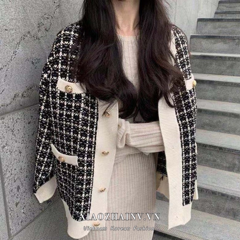 ●♞❍ Áo khoác cardigan dệt kim tay dài họa tiết sọc caro phong cách Hàn Quốc cho nữ