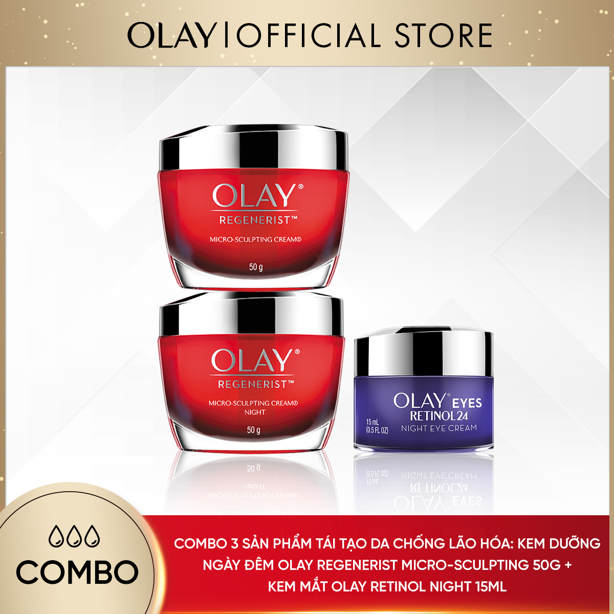 [25-30.11 DEAL SỐC ĐƠN 749K TẶNG 4 QUÀ] Combo 3 Sản Phẩm OLAY Tái Tạo Da Và Chống Lão Hóa Toàn Diện: Kem Dưỡng 50gx2 + Kem Mắt 15ml [Số lượng quà có hạn]