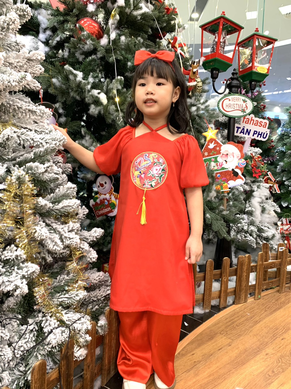 Set áo dài cách tân cho bé gái đi tết tặng 1 băng đô MINAKIDS, đỏ và vàng 0 đến 8 tuổi