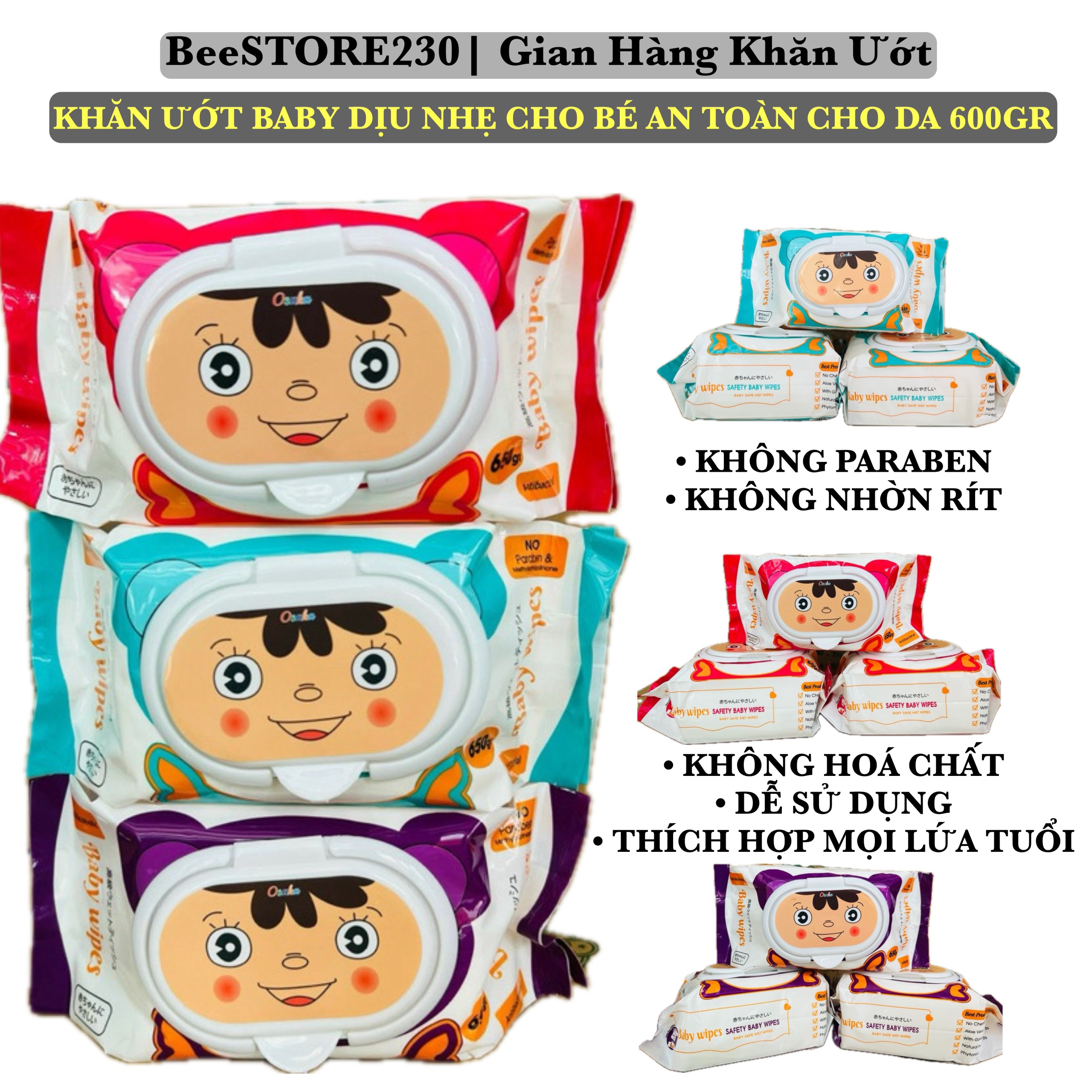  THÙNG 30 GÓI Khăn Ướt Baby Khổ Lớn Loại Cao Cấp không chứa Paraben gây hại cho da gói 600Gr 