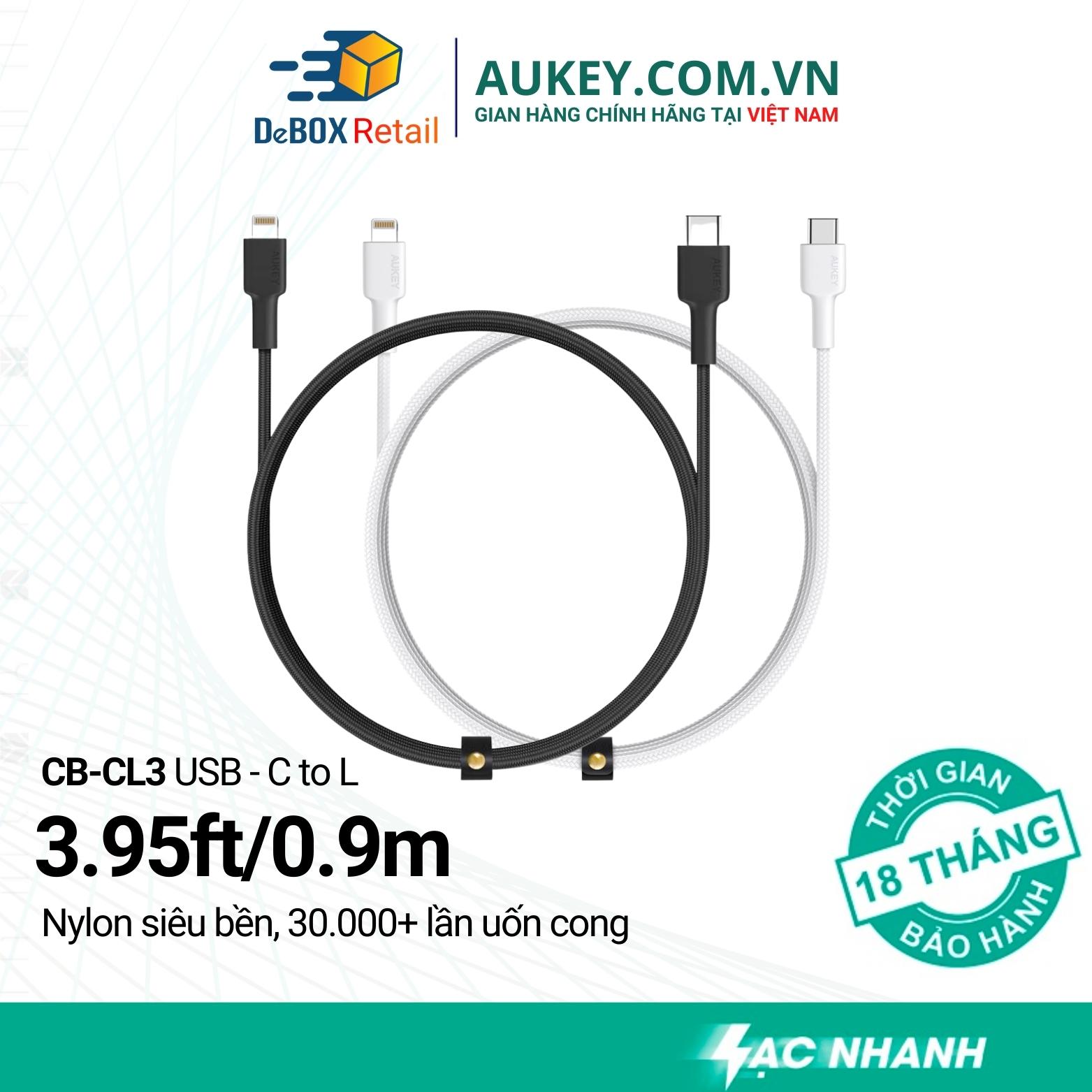 Cáp Sạc Nhanh iPhone C To Lightning AUKEY CB-CL3 Chuẩn MFi, 0.9 Mét, Hỗ Trợ PD Lên Tới 22W, Bện Nylon, Sạc Nhanh lPhone 12 Series, 11 Series, X Series, 8 Series - Bảo hành 18T