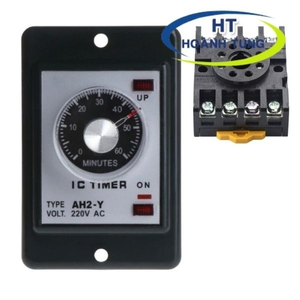 Timer cơ AH2-Y rơ le thời gian điện tử có tai 8 chân tròn điện áp 220VAC kèm chân đế PF083A