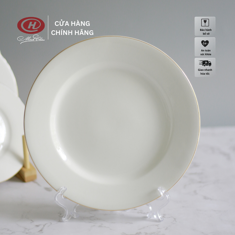 Đĩa Tròn Cạn Trắng Trơn Viền Vàng - Sứ Minh Châu