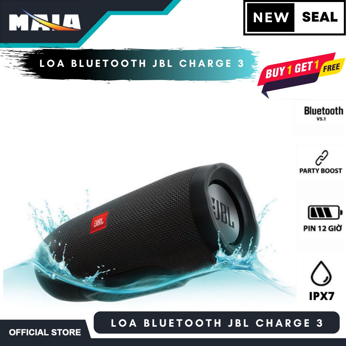Loa bluetooth jbl charge 3_loa bluetooth di động jbl charge 3 -loa siêu trầm 3d- jbl connect kết nối 2 loa- loa công suất lớn nghe nhạc cực hay- bass mạnh- âm thanh trung thực- chống nước ipx7- pin 12 giờ