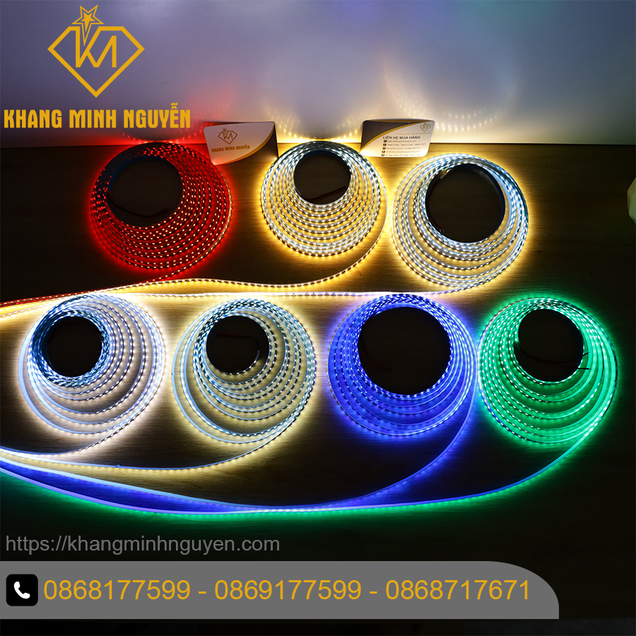 Cuộn 5m - Đèn LED dây 2835 12V - 120 led/m màutrắng (6000k), vàng (3000k), trung tính (4000k), trắng lạnh (10000k), đỏ, xanh dương, xanh ngọc, xanh lá, hồng