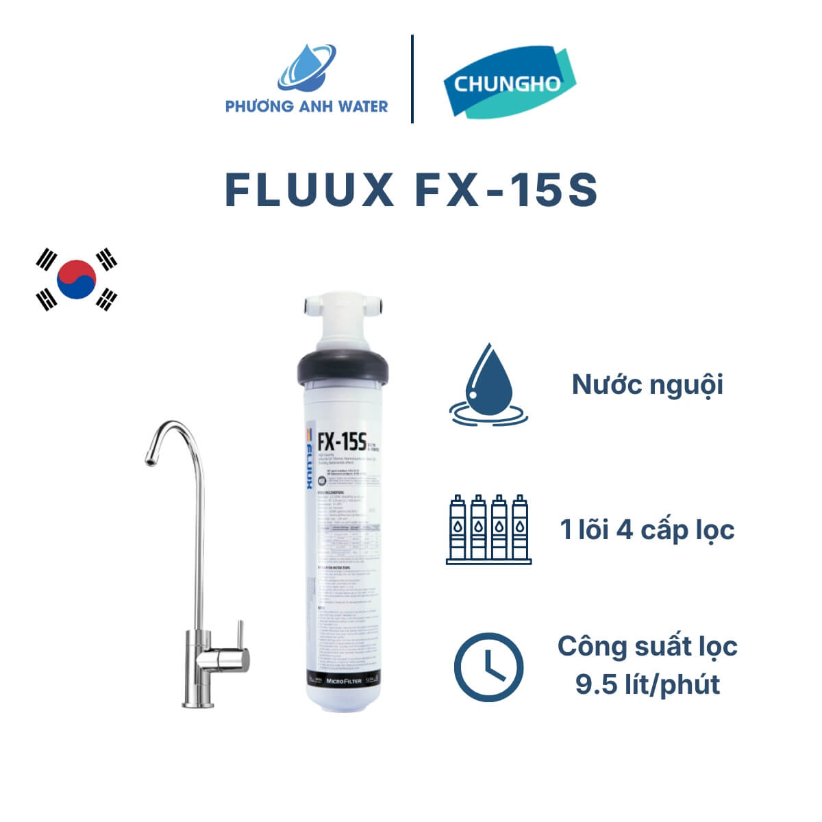 Máy lọc nước UF ChungHo FLUUX FX-15S để gầm, 1 lõi duy nhất tích hợp 4 cấp lọc đạt tiêu chuẩn NSF42 và 53, dung tích lọc 60.566L