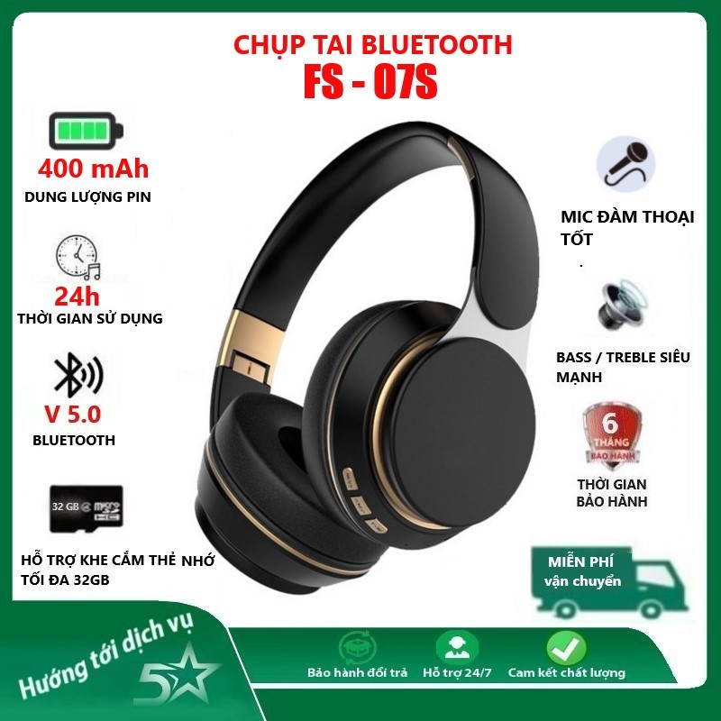 Tai Nghe Chụp tai Blutooth FG-07S.Pin 400mAh. Âm Thanh 9D Bass siêu Trầm. Nghe Nhạc 20h. Có Mic đàm thoại. Dùng cho cả điện thoại và máy tính. 3 Phuong thức kết nối, Bletooth 5.0, Dây kết nối, Thẻ nhớ TF