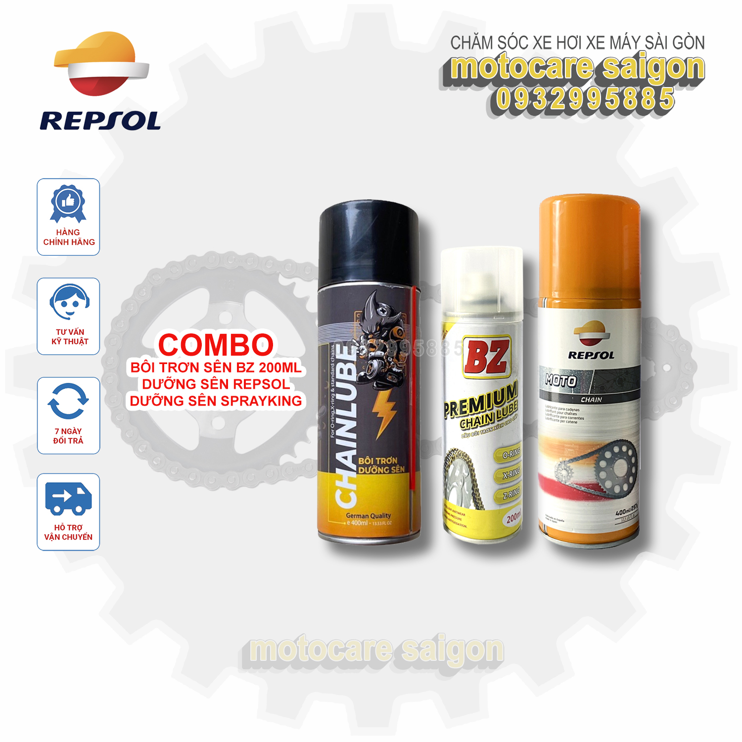 Dung dịch xịt sên Repsol, xịt bôi trơn sên repsol và xịt bôi trơn dưỡng sên Spray King và Chai dưỡng sên BZ
