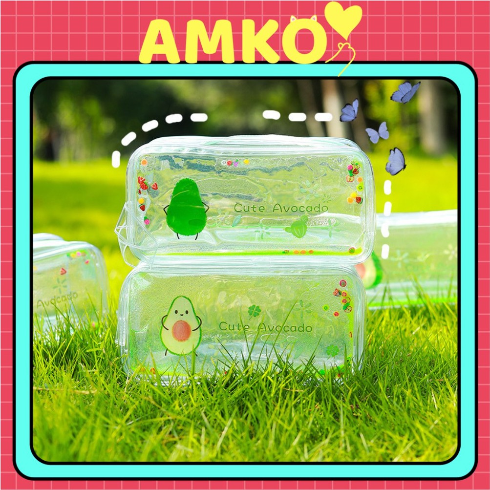Hộp bút quả bơ trái đào, túi đựng bút trong suốt kim tuyến vuông to bóp viết hologram amko hbn43 hbn44