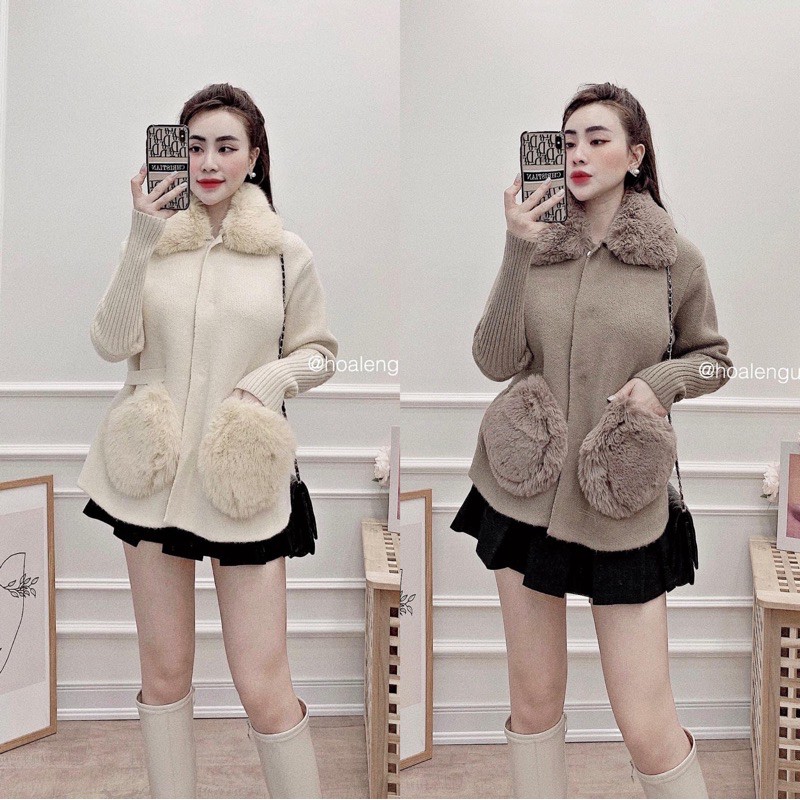áo khoác len ép cổ túi lông hàng cao cấp