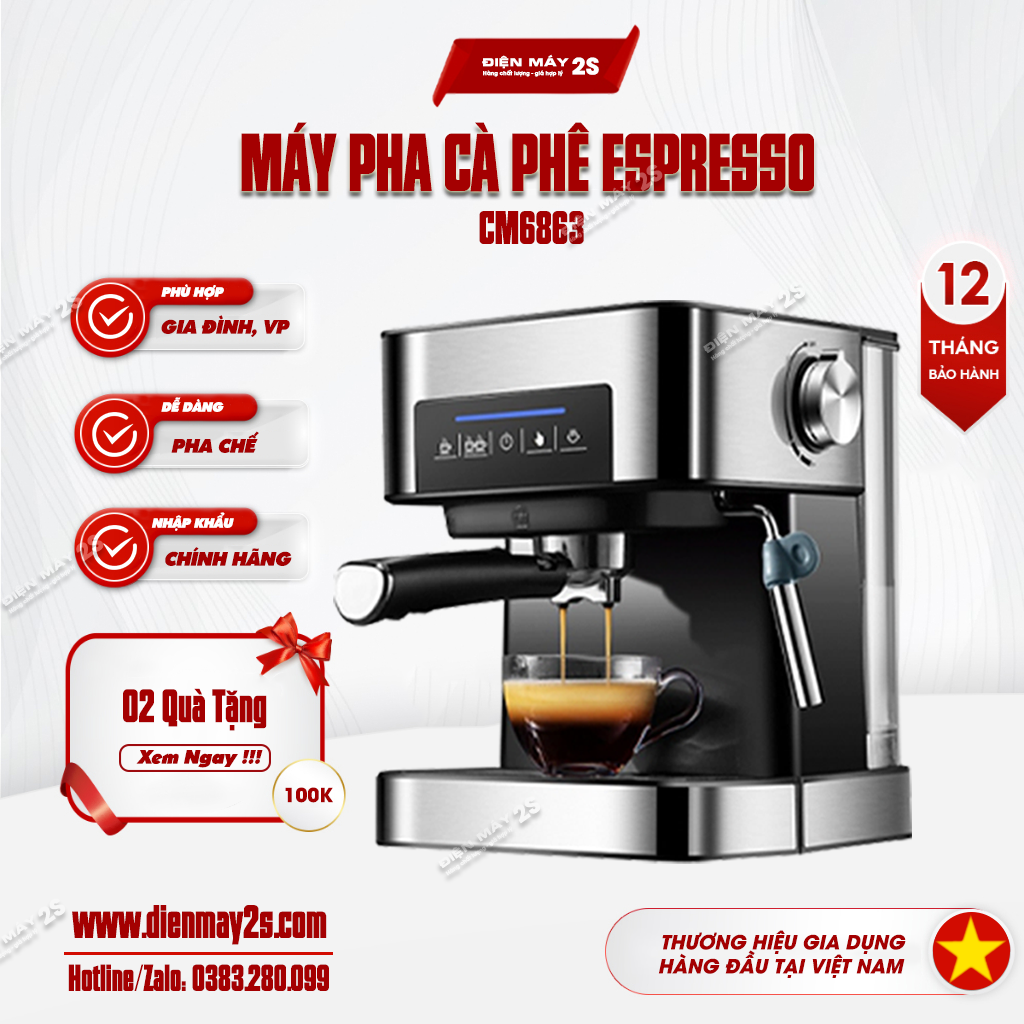 [HCM - Freeship] Máy pha cà phê Espresso CM6863 cho gia đình - văn phòng, áp suất 20 bar - Có hỗ trợ vòi hơi đánh sữa chuyên nghiệp để có thể pha chế thêm các loại cà phê khác như Capuchino hay đánh Latte bảo hành 12 tháng
