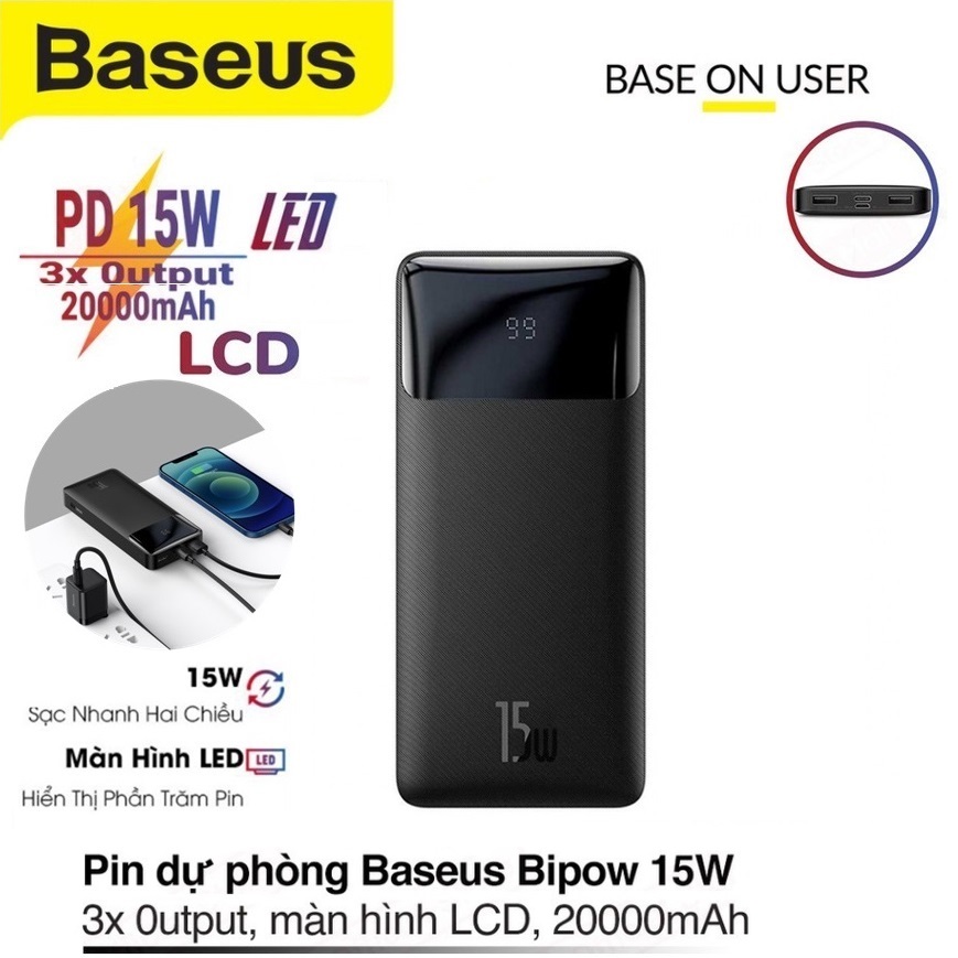 Pin sạc dự phòng Sạc nhanh 15W dung lượng lớn 10000mAh/20000mAh Chính Hãng Baseus , màn hình LCD (Đen)