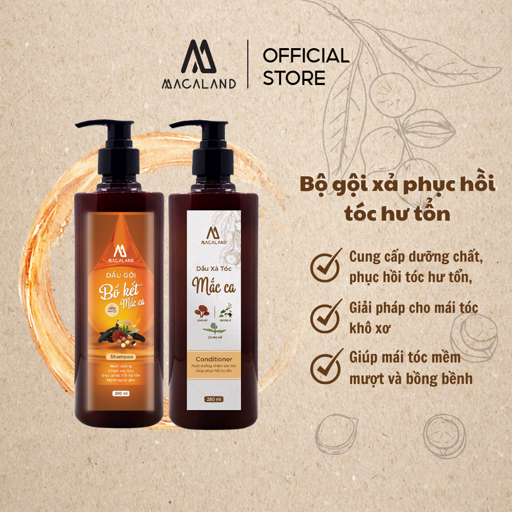 Combo Dầu Gội Bồ Kết Mềm Mượt  và Dầu xả Mắc Ca 280ml/500ml MACALAND dưỡng tóc óng mềm suôn mượt