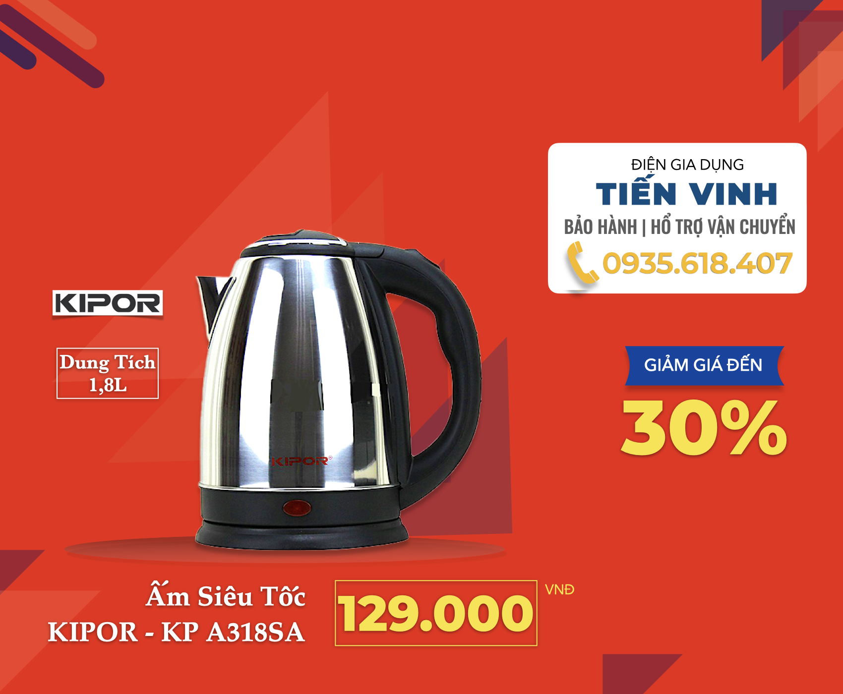 Ấm siêu tốc 1.8l kipor kp-a318sa