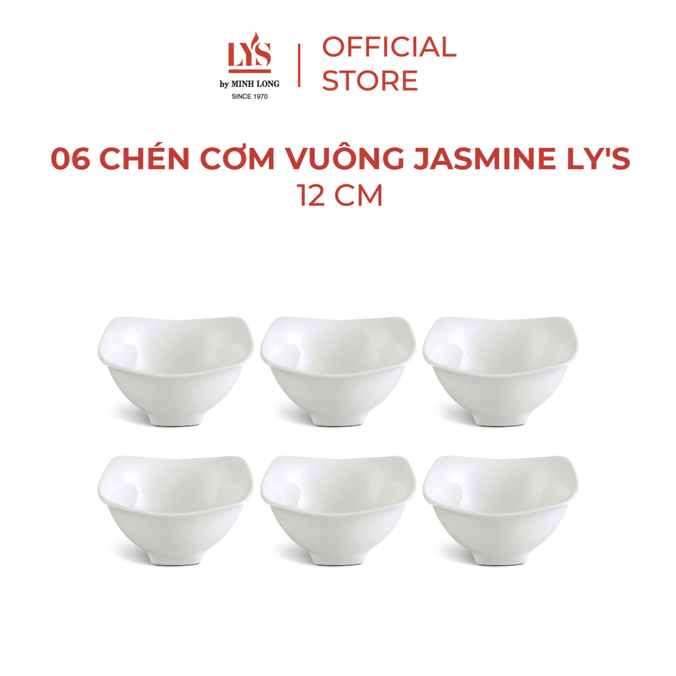 Chén ăn cơm vuông Minh Long 12cm Jasmine Ly's màu trắng ngà , sang trọng, đẹp cao cấp - Bộ 6, bộ 10