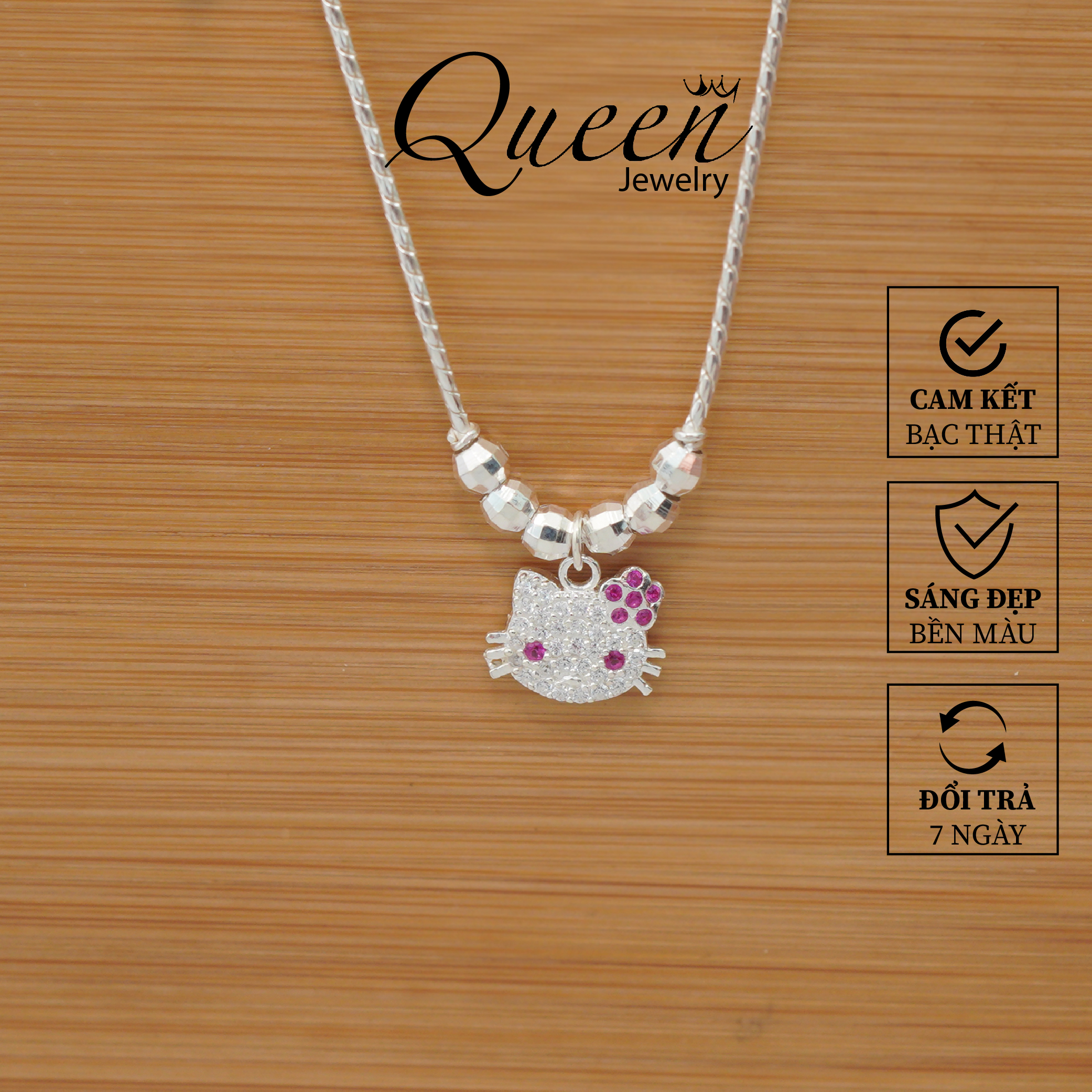 Dây chuyền bạc cho bé gái mặt kitty xinh xắn, Trang sức bạc Queen Jewelry cam kết bạc thật chất lượng, bảo hành trọn đời sản phẩm